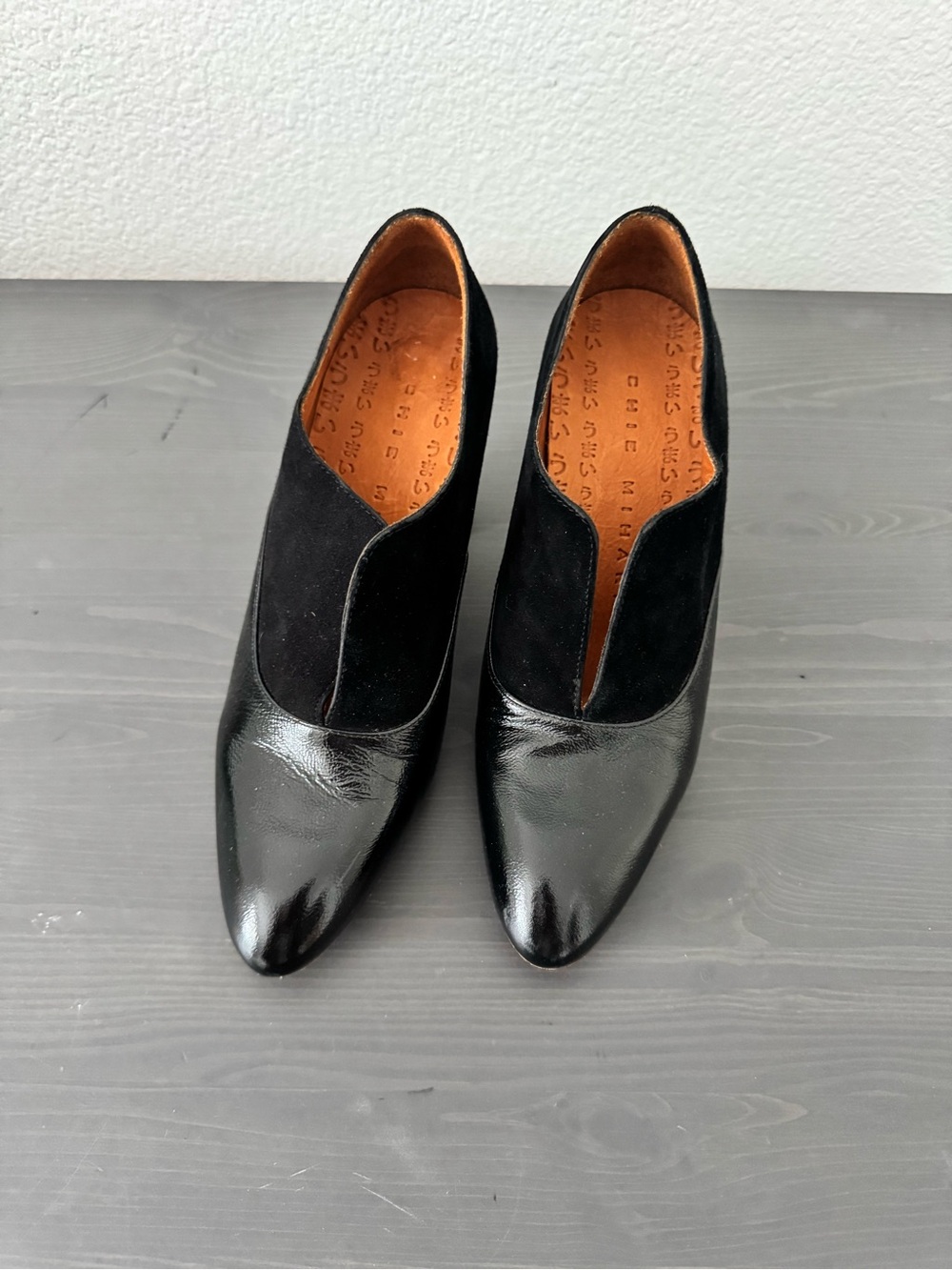 Chie Mihara Black Patent Leather and Suede Pointed Heels